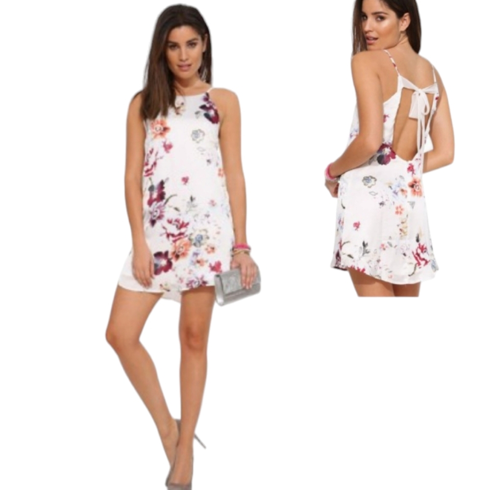 Mini Dress by Luv Mint Women's Size Medium Floral White High Neckline Open Back